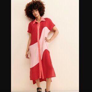 Margo Baridon Lilo Red & Pink Colorblock Midi Shirt Dress S